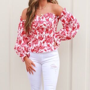 Off-Shoulder Red Floral Print Women’s Top